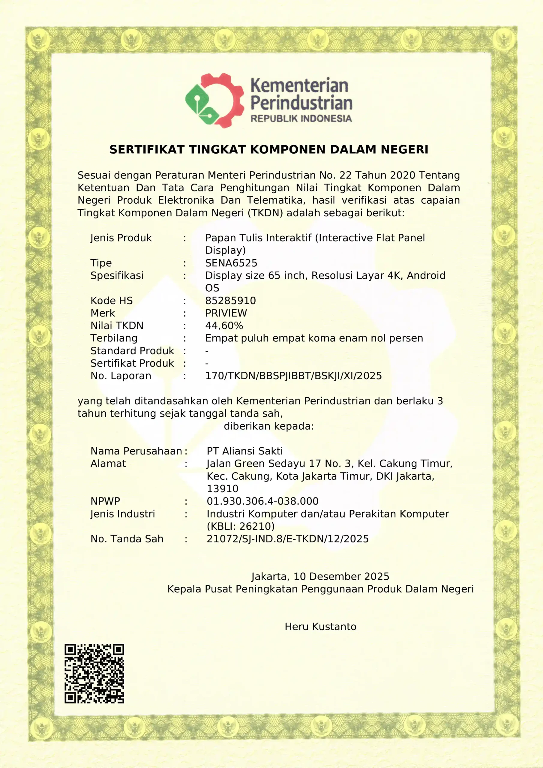 Sertifikat TKDN SENA 65